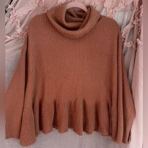 Ophelia Roe cowl neck sweater with ruffle detail at bottom. Size medium